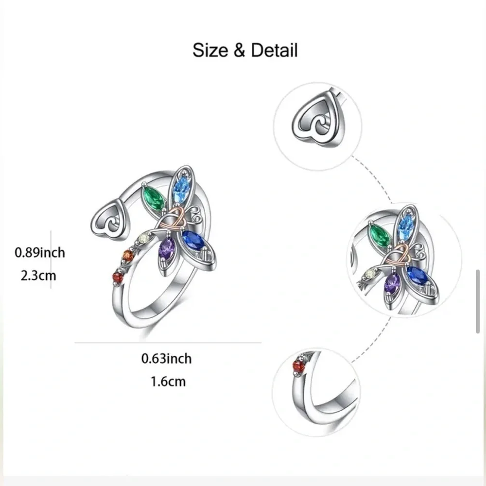 Dragonfly and Heart Ring silver Tone with Multicolored Rhinestones Adjus…
